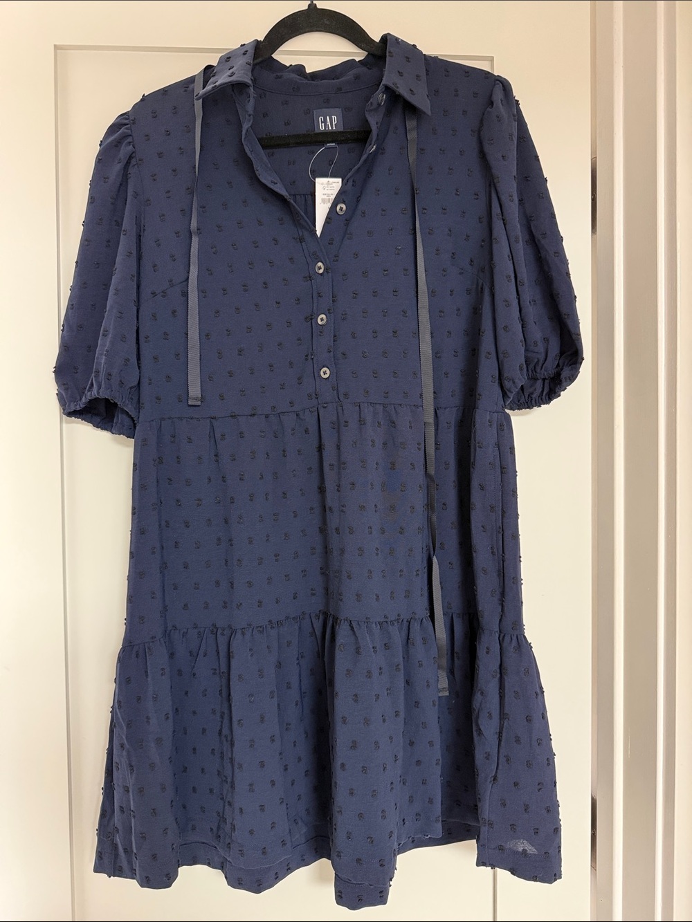 GAP Navy Blue Tiered Button-Front Dress with Tie Neck